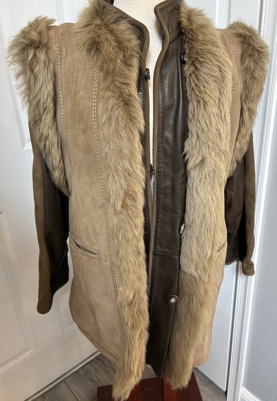 Vintage NWT Neiman Marcus 2 Pc Spanish Shearling Vest Leather Panel Coat Set